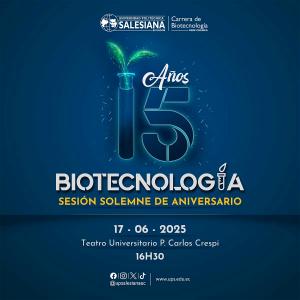 Afiche del 15° aniversario de la carrera de Biotecnología - sede Cuenca